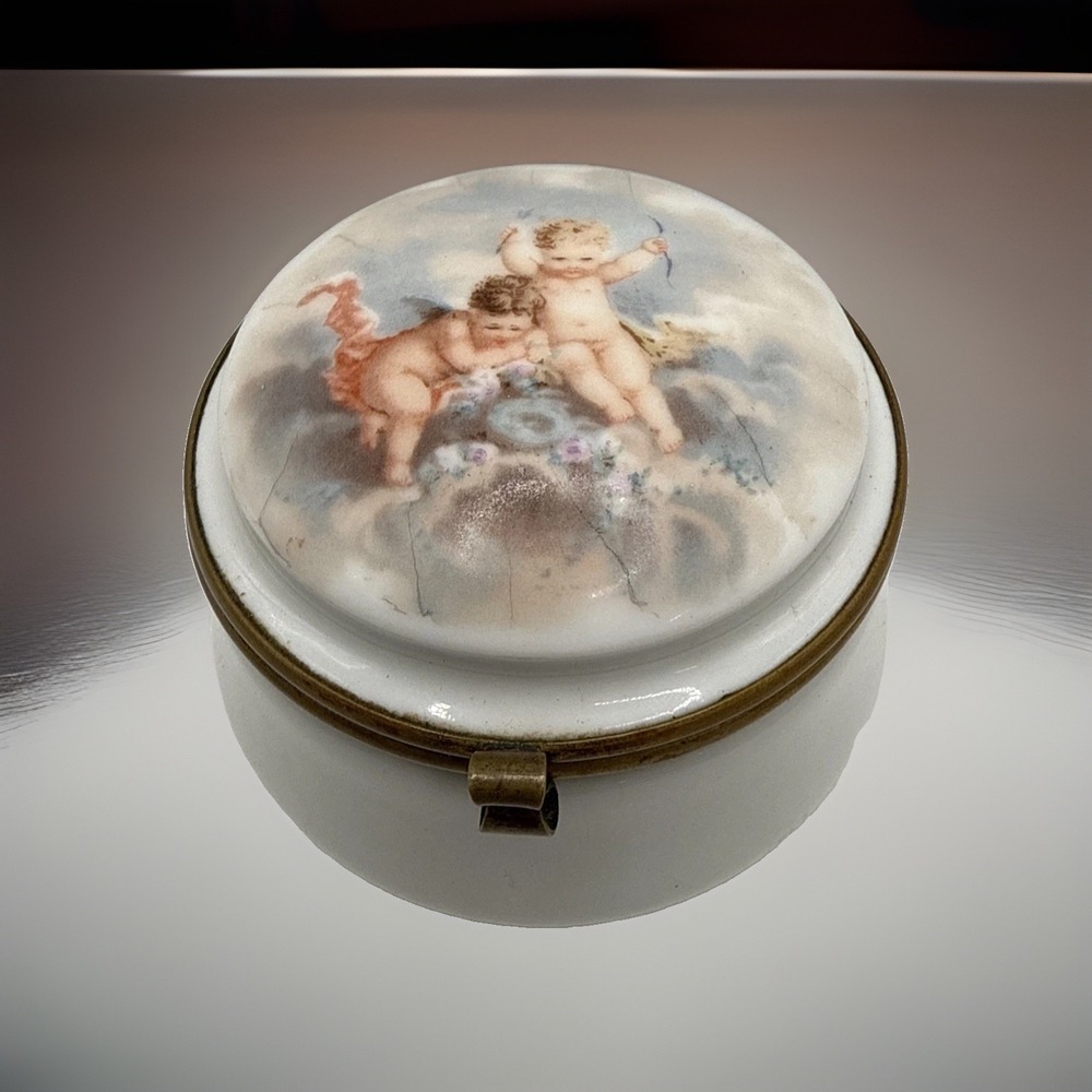 Antique Porcelain Hinged Trinket Box with Cherub Decor Dresser Box
